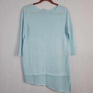 Purejill linen blend 3/4 sleeve asymmetrical hem knit top sz S, blue coastal